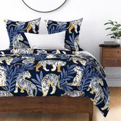 Large jumbo scale // Nouveau white tigers // navy blue background blue leaves golden lines white animals