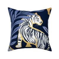 Large jumbo scale // Nouveau white tigers // navy blue background blue leaves golden lines white animals