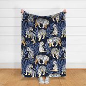 Large jumbo scale // Nouveau white tigers // navy blue background blue leaves golden lines white animals