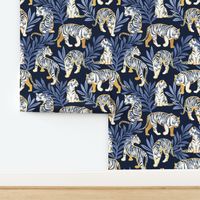 Large jumbo scale // Nouveau white tigers // navy blue background blue leaves golden lines white animals