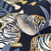 Large jumbo scale // Nouveau white tigers // navy blue background blue leaves golden lines white animals