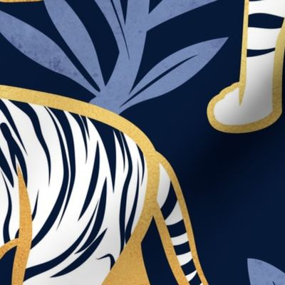 Large jumbo scale // Nouveau white tigers // navy blue background blue leaves golden lines white animals