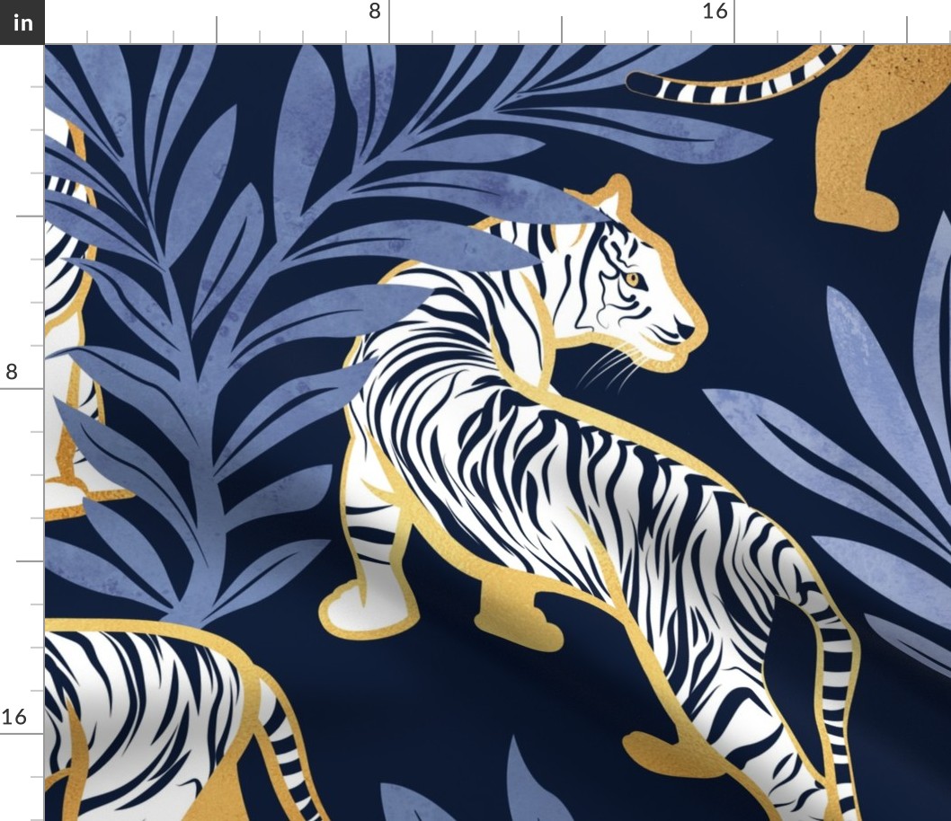 Large jumbo scale // Nouveau white tigers // navy blue background blue leaves golden lines white animals