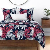 Large jumbo scale // Nouveau white tigers // navy blue background red leaves silver lines white animals