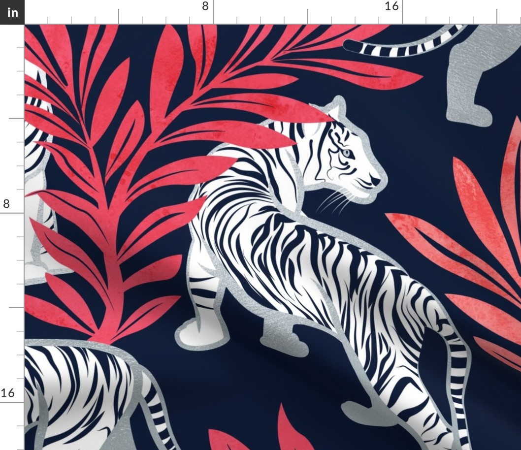Large jumbo scale // Nouveau white tigers // navy blue background red leaves silver lines white animals