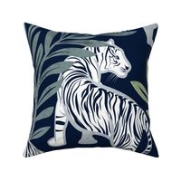 Large jumbo scale // Nouveau white tigers // navy blue background green leaves silver lines white animals