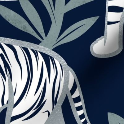 Large jumbo scale // Nouveau white tigers // navy blue background green leaves silver lines white animals