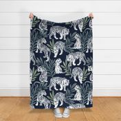 Large jumbo scale // Nouveau white tigers // navy blue background green leaves silver lines white animals