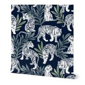 Large jumbo scale // Nouveau white tigers // navy blue background green leaves silver lines white animals