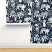 Large jumbo scale // Nouveau white tigers // navy blue background green leaves silver lines white animals