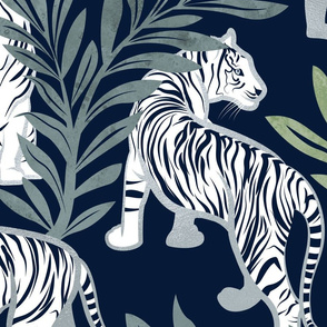 Large jumbo scale // Nouveau white tigers // navy blue background green leaves silver lines white animals