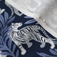 Small scale // Nouveau white tigers // navy blue background blue leaves silver lines white animal