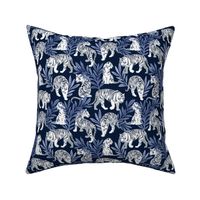 Small scale // Nouveau white tigers // navy blue background blue leaves silver lines white animal