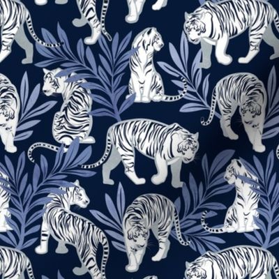 Small scale // Nouveau white tigers // navy blue background blue leaves silver lines white animal