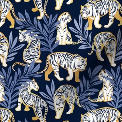 Small scale // Nouveau white tigers // navy blue background blue leaves golden lines white animals