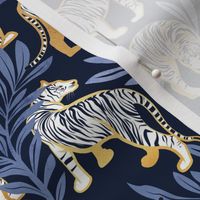 Small scale // Nouveau white tigers // navy blue background blue leaves golden lines white animals