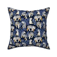 Small scale // Nouveau white tigers // navy blue background blue leaves golden lines white animals