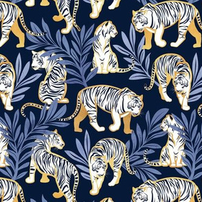 Small scale // Nouveau white tigers // navy blue background blue leaves golden lines white animals