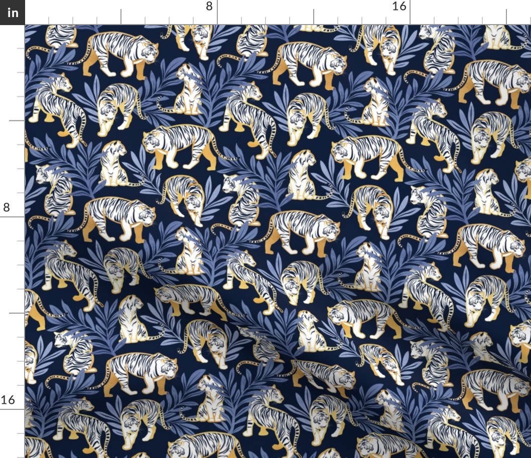 Small scale // Nouveau white tigers // navy blue background blue leaves golden lines white animals