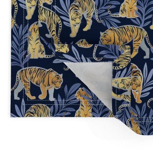 Small scale // Nouveau yellow tigers // navy blue background blue leaves silver lines yellow gold animals