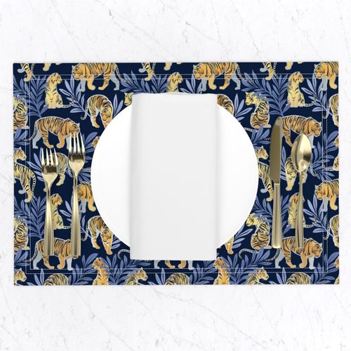 Small scale // Nouveau yellow tigers // navy blue background blue leaves silver lines yellow gold animals