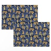 Small scale // Nouveau yellow tigers // navy blue background blue leaves silver lines yellow gold animals