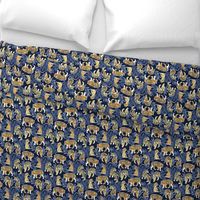Small scale // Nouveau yellow tigers // navy blue background blue leaves white lines yellow gold animals