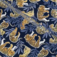 Small scale // Nouveau yellow tigers // navy blue background blue leaves white lines yellow gold animals