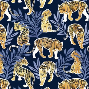 Small scale // Nouveau yellow tigers // navy blue background blue leaves white lines yellow gold animals