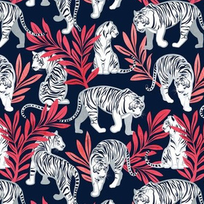 Small scale // Nouveau white tigers // navy blue background red leaves silver lines white animals