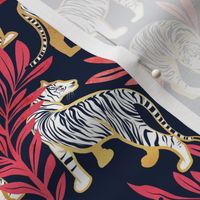 Small scale // Nouveau white tigers // navy blue background red leaves golden lines white animals