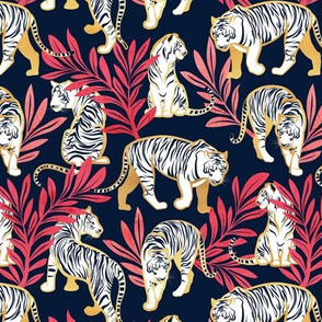 Small scale // Nouveau white tigers // navy blue background red leaves golden lines white animals