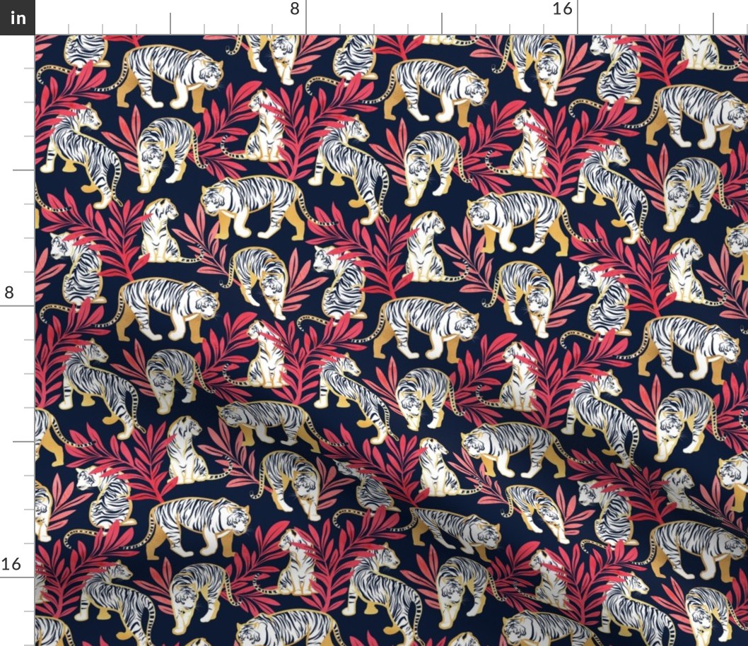 Small scale // Nouveau white tigers // navy blue background red leaves golden lines white animals
