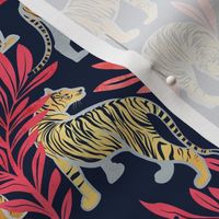 Small scale // Nouveau yellow tigers // navy blue background red leaves silver lines yellow gold animals