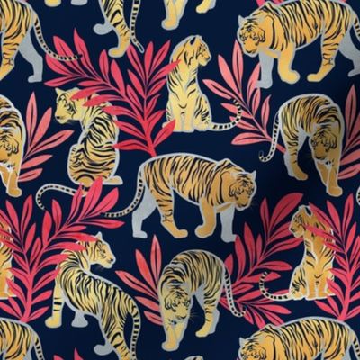 Small scale // Nouveau yellow tigers // navy blue background red leaves silver lines yellow gold animals