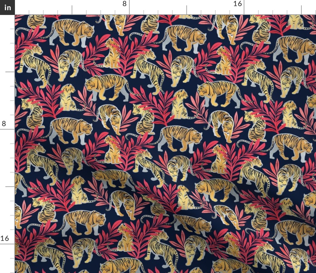 Small scale // Nouveau yellow tigers // navy blue background red leaves silver lines yellow gold animals