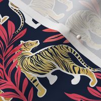 Small scale // Nouveau yellow tigers // navy blue background red leaves white lines yellow gold animals