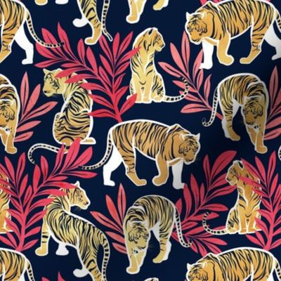 Small scale // Nouveau yellow tigers // navy blue background red leaves white lines yellow gold animals