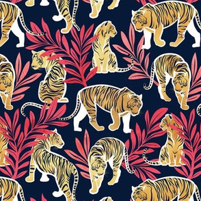 Small scale // Nouveau yellow tigers // navy blue background red leaves white lines yellow gold animals