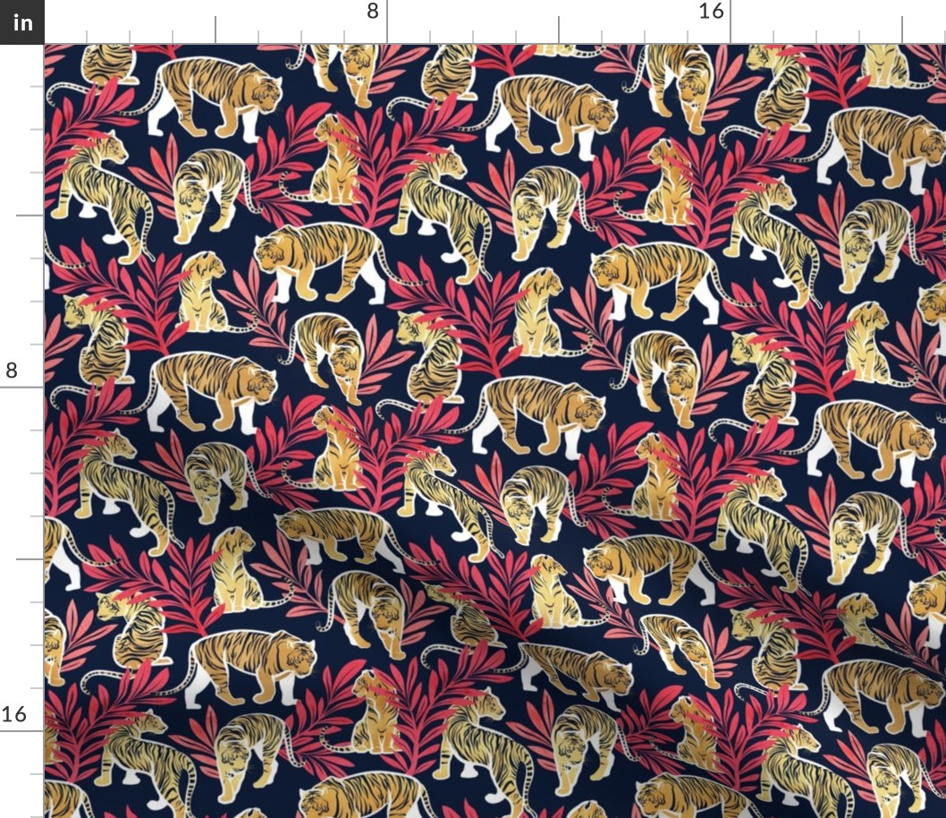 Small scale // Nouveau yellow tigers // navy blue background red leaves white lines yellow gold animals