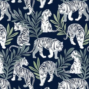 Small scale // Nouveau white tigers // navy blue background green leaves silver lines white animals