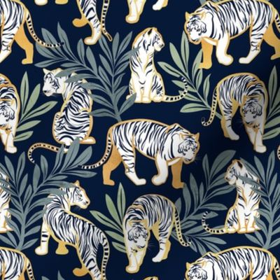 Small scale // Nouveau white tigers // navy blue background green leaves golden lines white animals