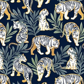 Small scale // Nouveau white tigers // navy blue background green leaves golden lines white animals