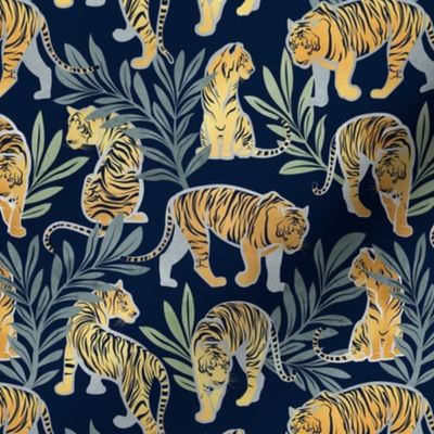 Small scale // Nouveau yellow tigers // navy blue background green leaves silver lines yellow gold animals
