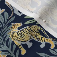 Small scale // Nouveau yellow tigers // navy blue background green leaves silver lines yellow gold animals