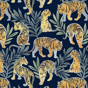 Small scale // Nouveau yellow tigers // navy blue background green leaves silver lines yellow gold animals