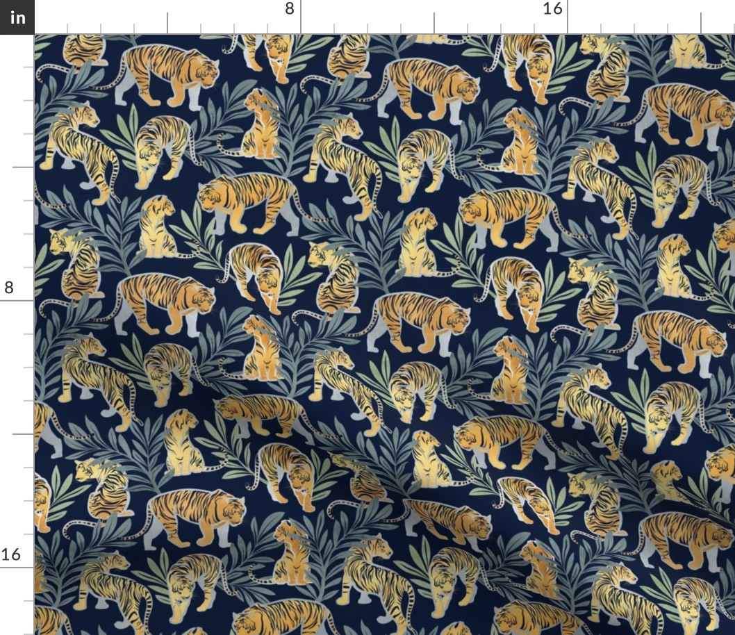 Small scale // Nouveau yellow tigers // navy blue background green leaves silver lines yellow gold animals