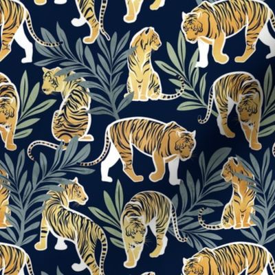 Small scale // Nouveau yellow tigers // navy blue background green leaves white lines yellow gold animals