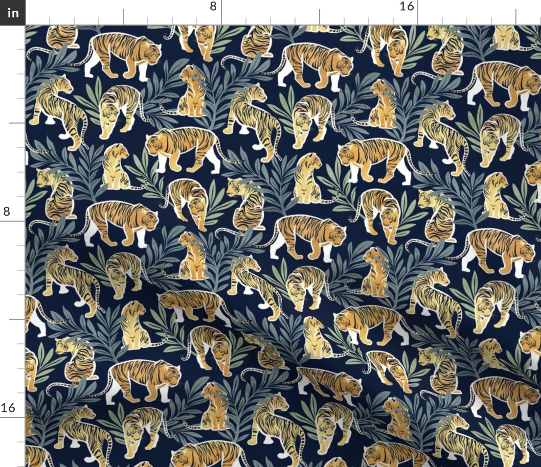 Small scale // Nouveau yellow tigers // navy blue background green leaves white lines yellow gold animals