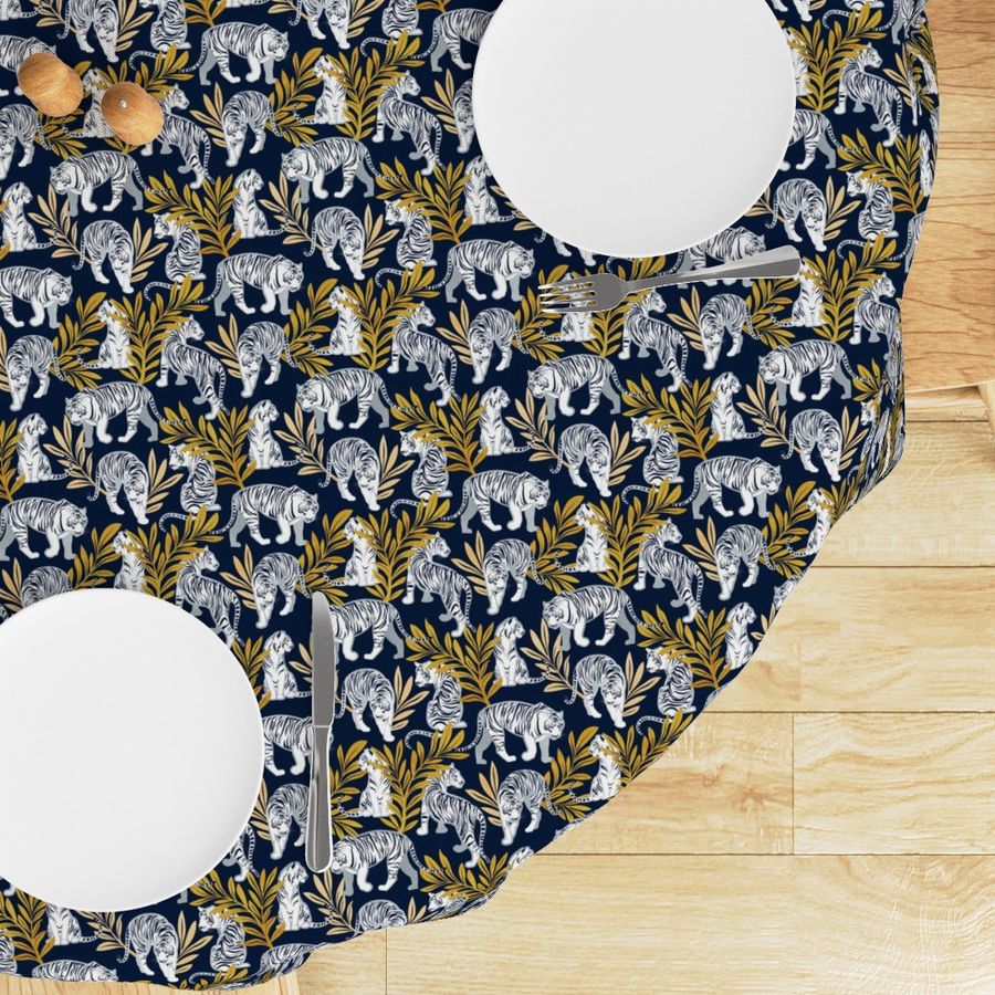 Small scale // Nouveau white tigers // navy blue background yellow leaves silver lines white animals